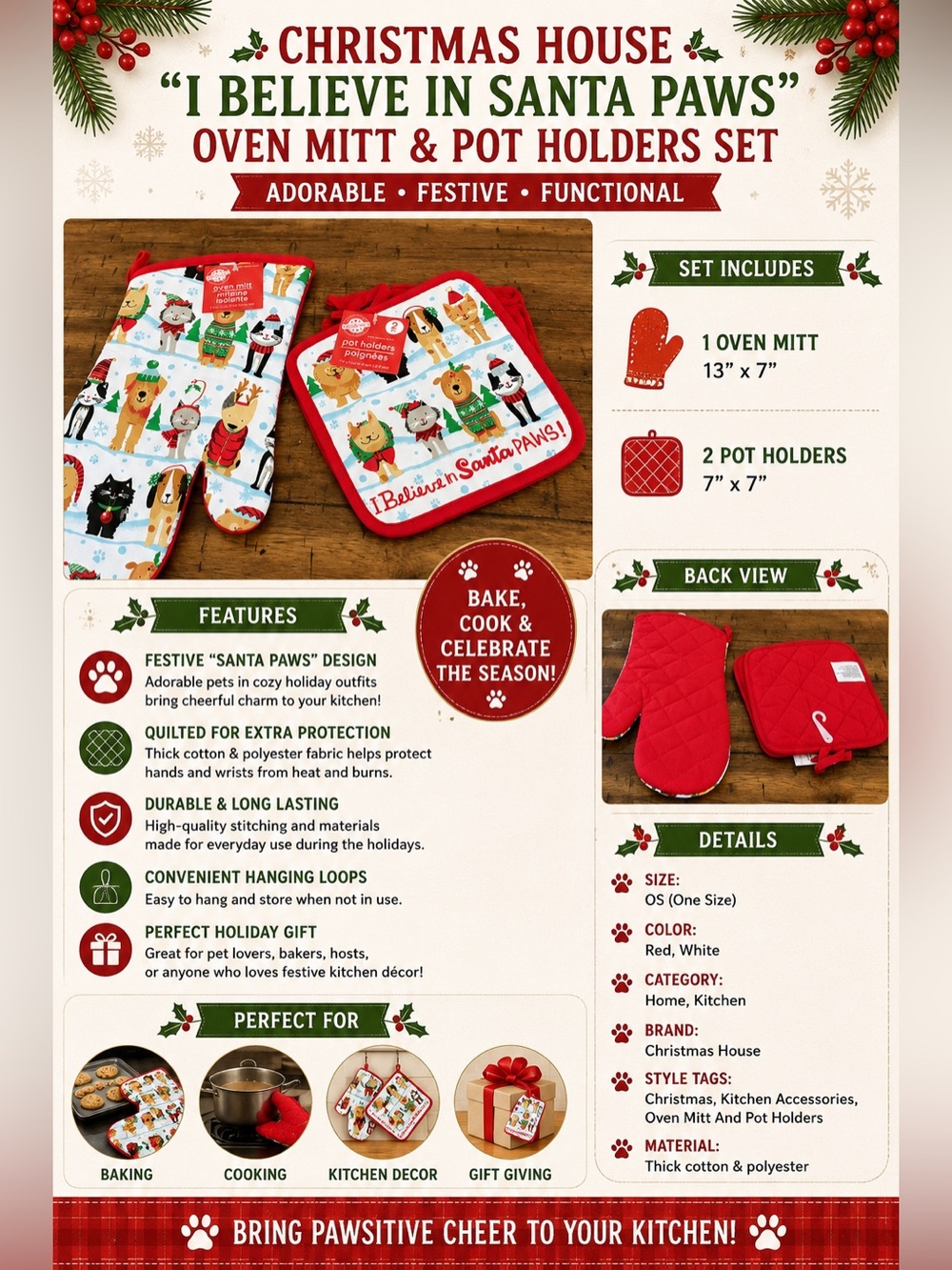 Christmas House, “I Believe In Santa Paws” Oven Mitt and Pot Holders Set